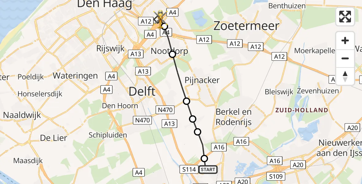 Vluchtroute Traumahelikopter van Rotterdam The Hague Airport naar Den Haag