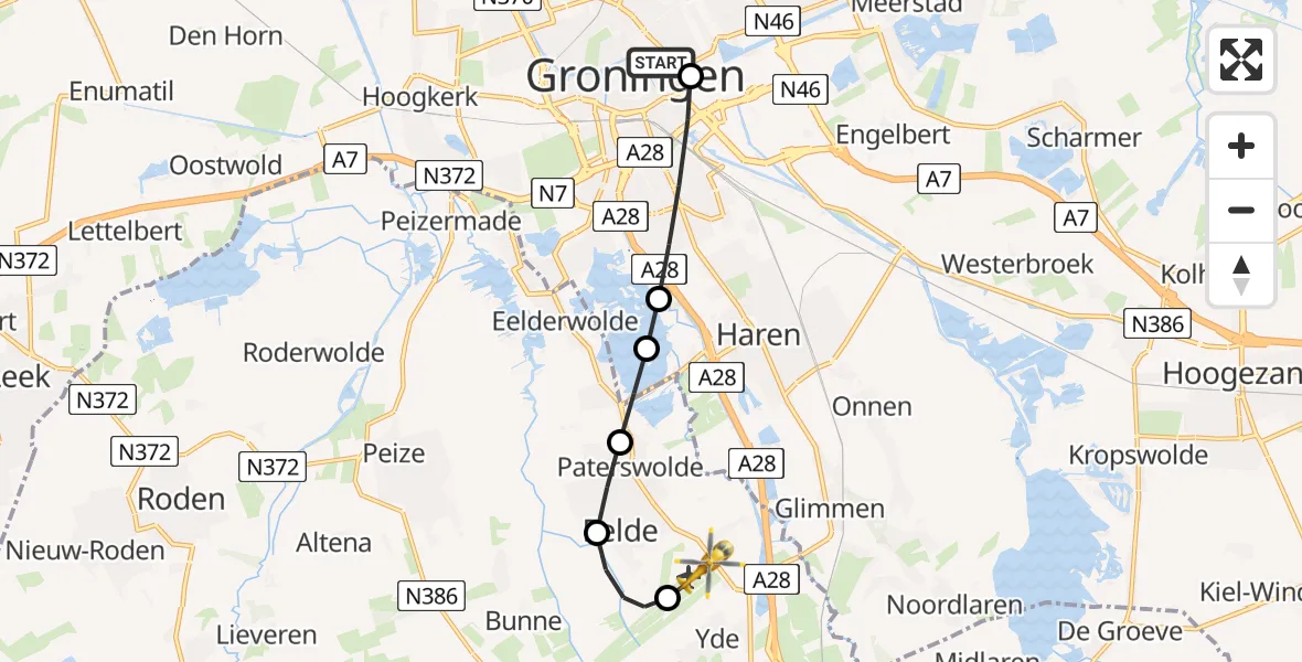 Vluchtroute Traumahelikopter van Universitair Medisch Centrum Groningen naar Groningen Airport Eelde