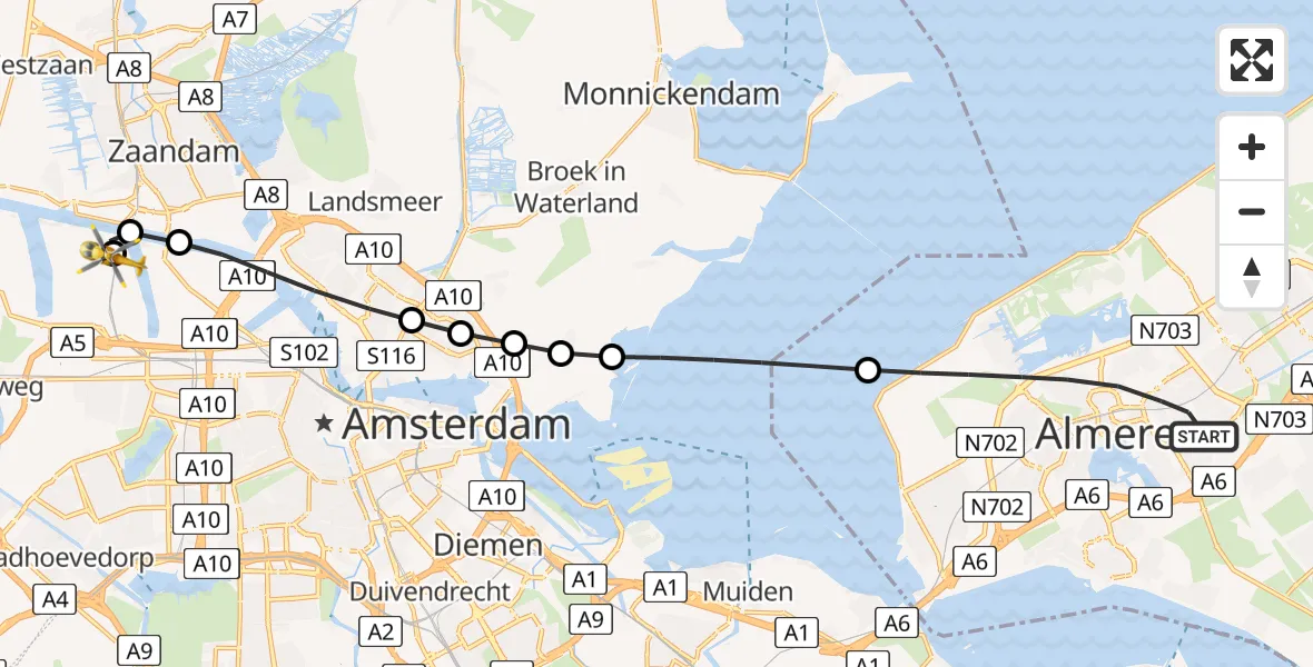 Vluchtroute Traumahelikopter van Almere naar Amsterdam Heliport