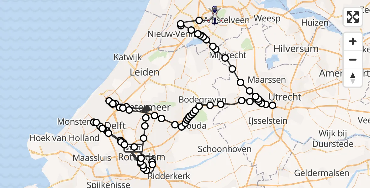 Vluchtroute Politiehelikopter van Rotterdam The Hague Airport naar Amsterdam Vliegveld Schiphol