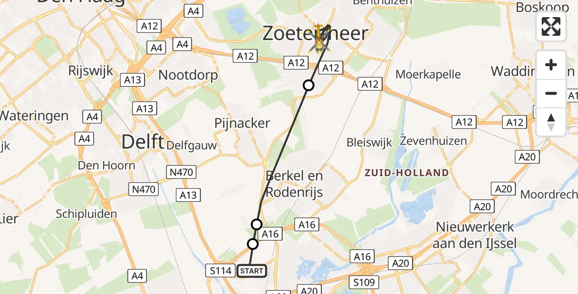 Vluchtroute Traumahelikopter van Rotterdam The Hague Airport naar Zoetermeer