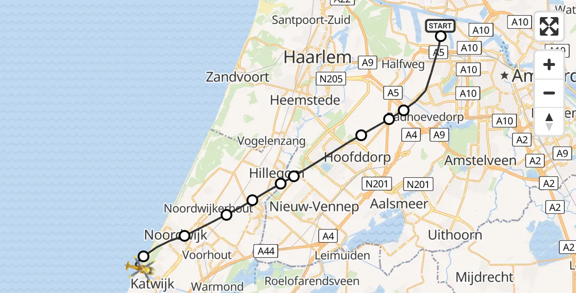 Vluchtroute Traumahelikopter van Amsterdam Heliport naar Katwijk