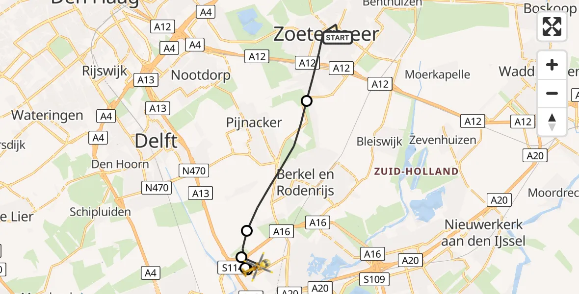 Vluchtroute Traumahelikopter van Zoetermeer naar Rotterdam The Hague Airport