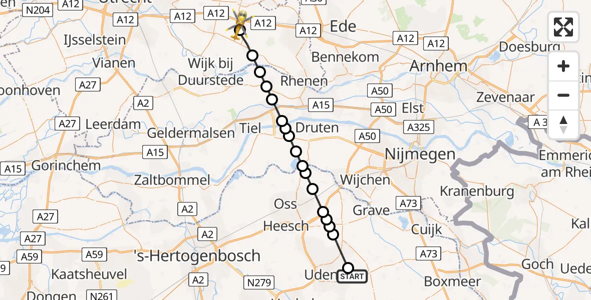 Vluchtroute Traumahelikopter van Vliegbasis Volkel naar Maarsbergen