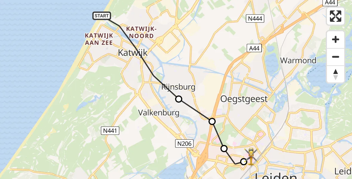 Vluchtroute Traumahelikopter van Katwijk naar Leiden University Medical Center Heliport