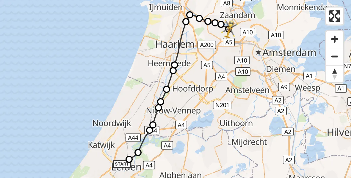 Vluchtroute Traumahelikopter van Leiden University Medical Center Heliport naar Amsterdam Heliport