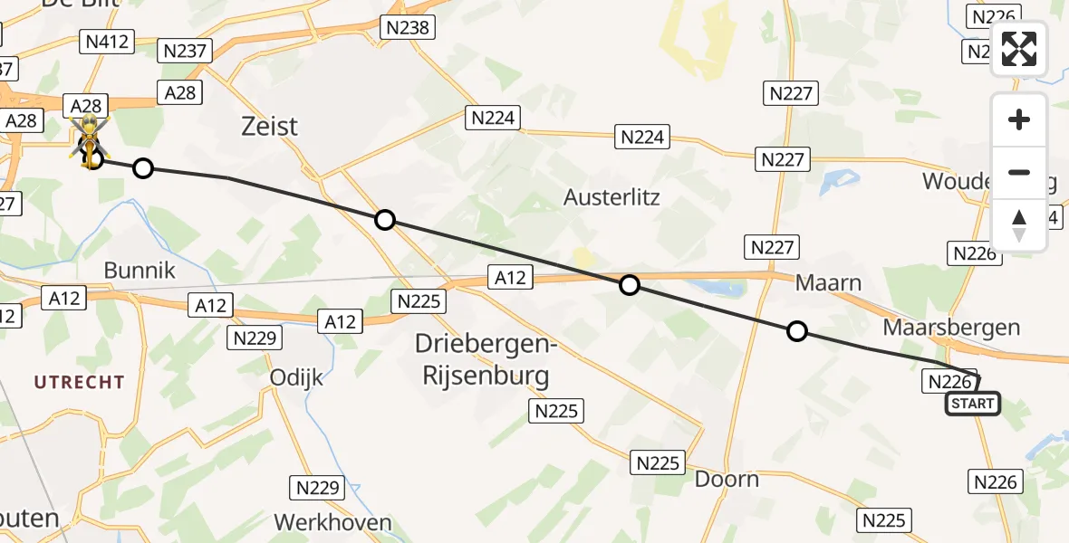 Vluchtroute Traumahelikopter van Maarsbergen naar Universitair Medisch Centrum Utrecht