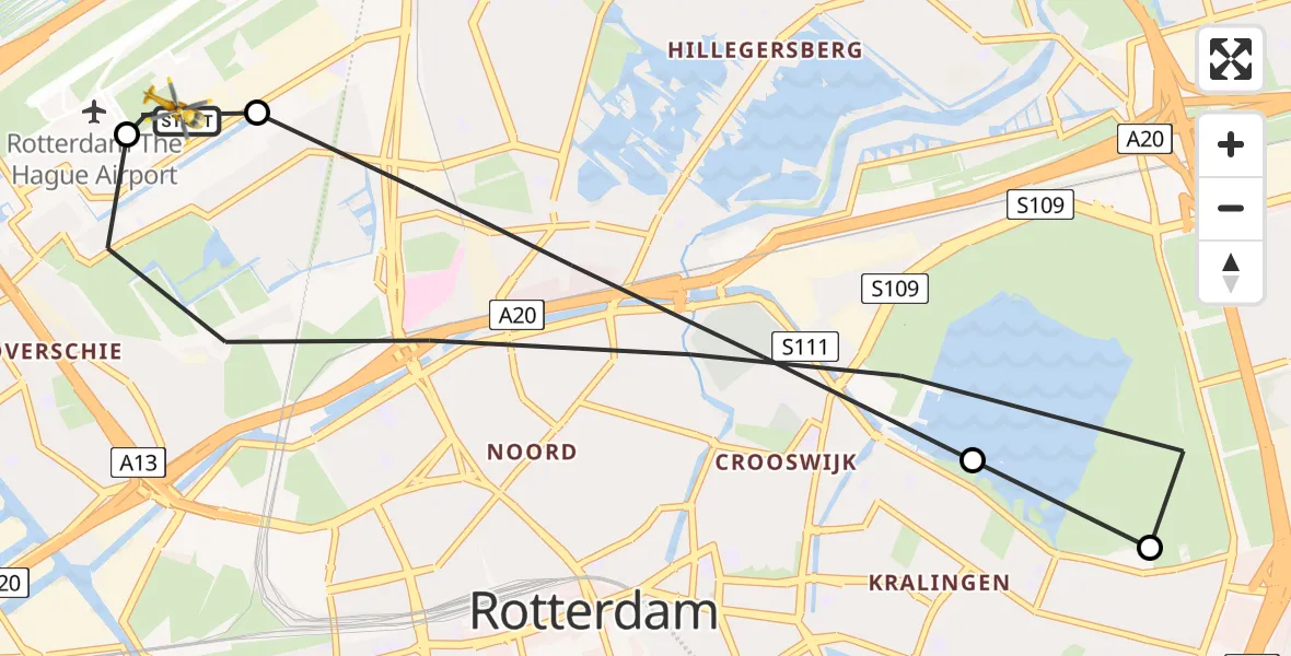 Vluchtroute Traumahelikopter van Rotterdam The Hague Airport naar Rotterdam The Hague Airport