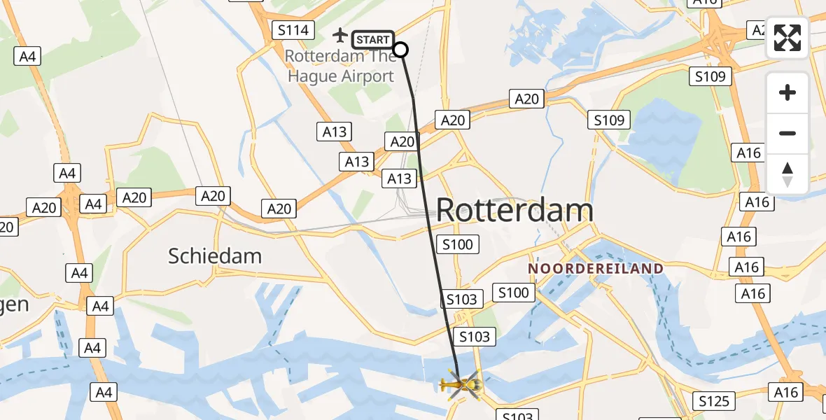 Vluchtroute Traumahelikopter van Rotterdam The Hague Airport naar Rotterdam