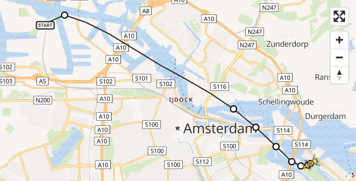 Vluchtroute Traumahelikopter van Amsterdam Heliport naar Amsterdam