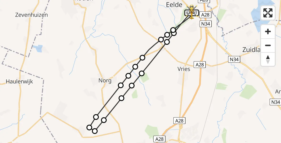 Vluchtroute Traumahelikopter van Groningen Airport Eelde naar Groningen Airport Eelde