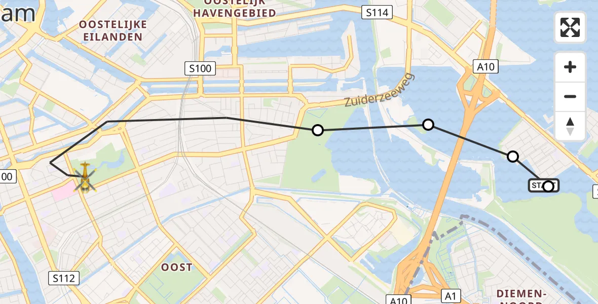 Vluchtroute Traumahelikopter van Amsterdam naar Amsterdam