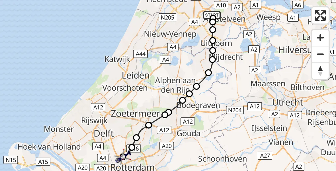Vluchtroute Politiehelikopter van Amsterdam Vliegveld Schiphol naar Rotterdam The Hague Airport