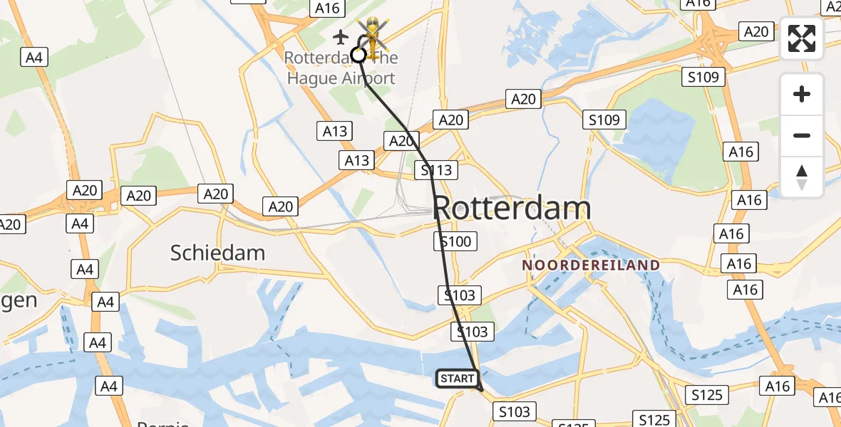 Vluchtroute Traumahelikopter van Rotterdam naar Rotterdam The Hague Airport
