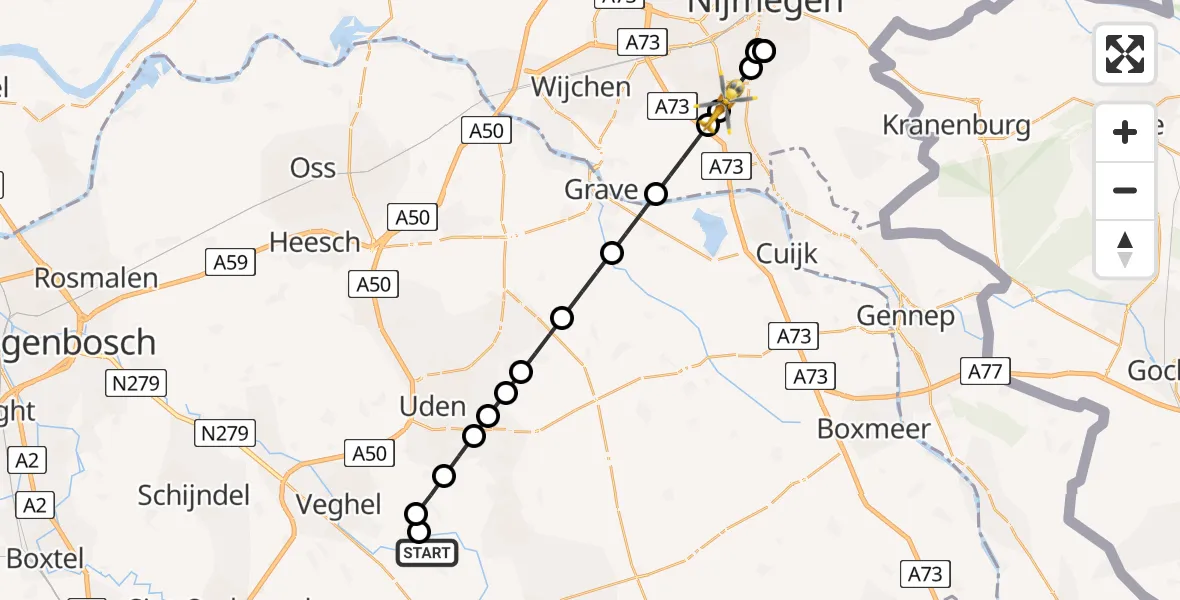 Vluchtroute Traumahelikopter van Erp naar Malden