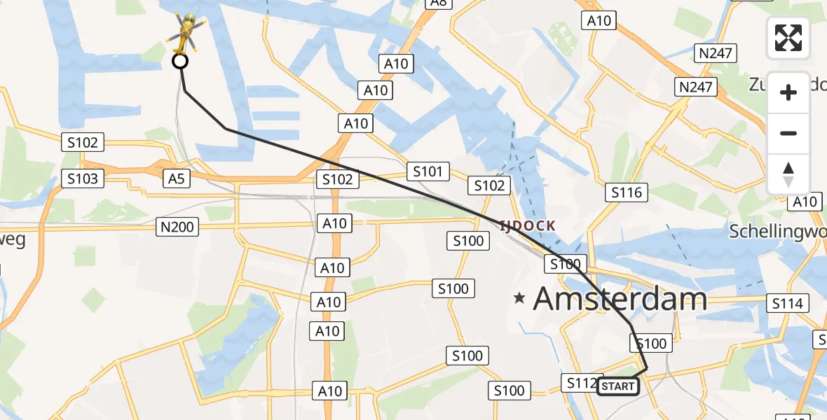 Vluchtroute Traumahelikopter van Amsterdam naar Amsterdam Heliport