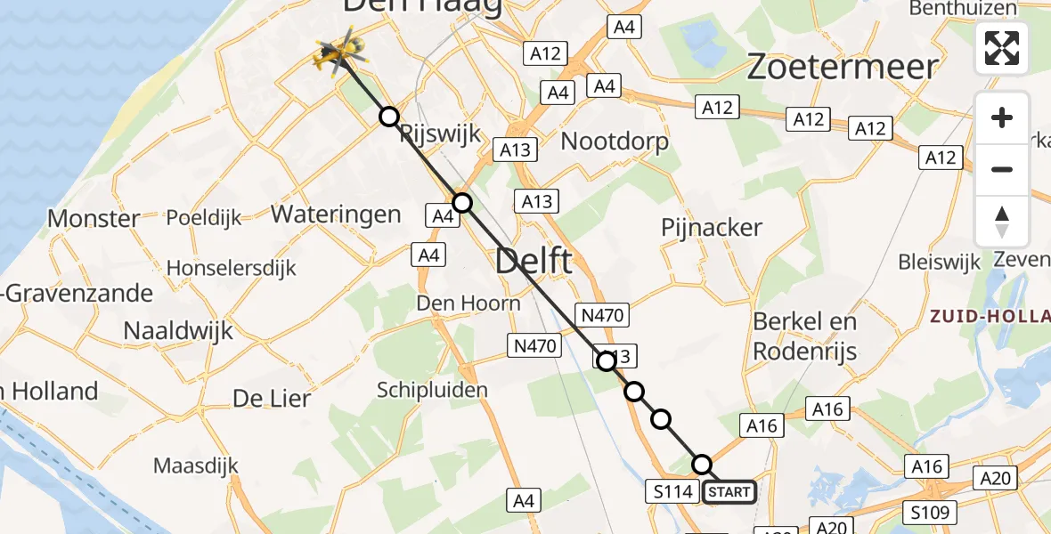 Vluchtroute Traumahelikopter van Rotterdam The Hague Airport naar Den Haag