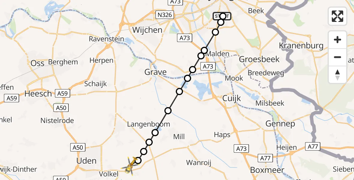 Vluchtroute Traumahelikopter van Radboud Universitair Medisch Centrum naar Vliegbasis Volkel