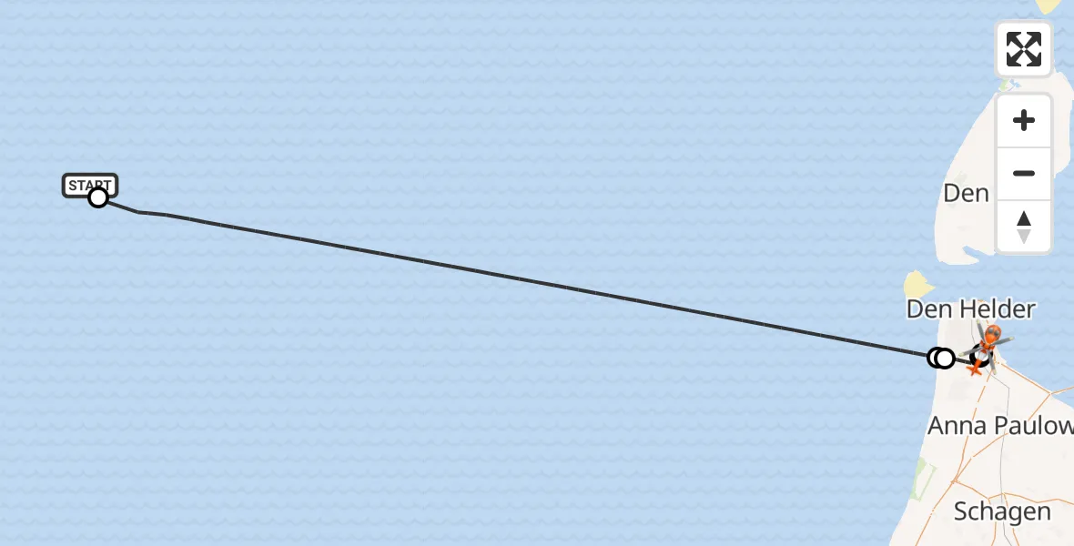 Vluchtroute Kustwachthelikopter van K17-FA-1 Heliport naar Militair vliegveld De Kooy / Den Helder Airport