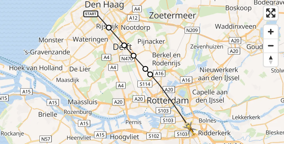 Vluchtroute Traumahelikopter van Den Haag naar Rotterdam