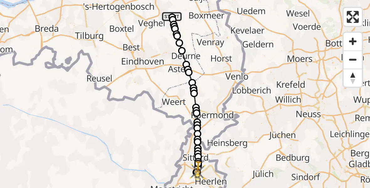 Vluchtroute Traumahelikopter van Vliegbasis Volkel naar Schinnen