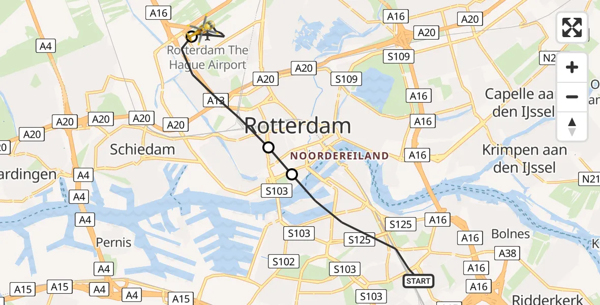 Vluchtroute Traumahelikopter van Rotterdam naar Rotterdam The Hague Airport