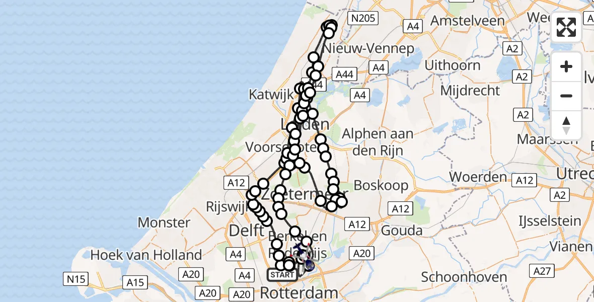 Vluchtroute Politiehelikopter van Rotterdam The Hague Airport naar Bergschenhoek