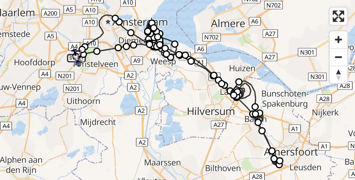 Vluchtroute Politiehelikopter van Amsterdam Vliegveld Schiphol naar Amsterdam Vliegveld Schiphol