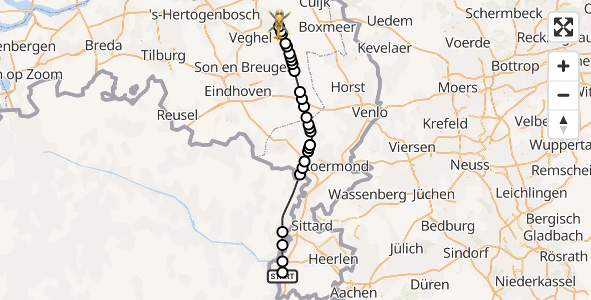 Vluchtroute Traumahelikopter van Maastricht UMC+ naar Vliegbasis Volkel