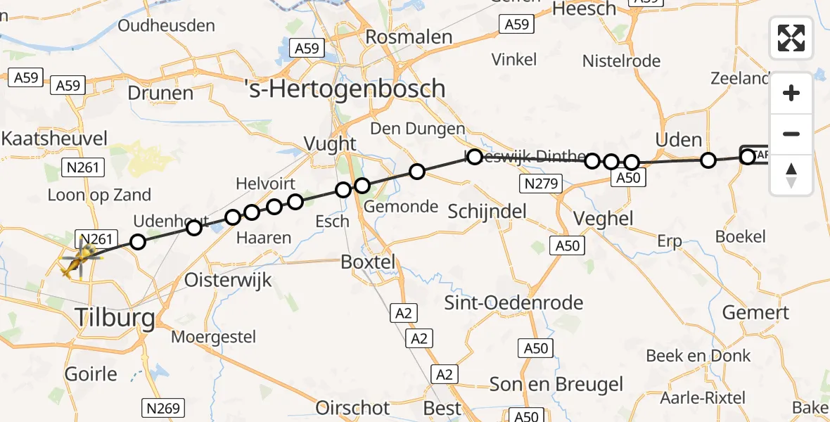 Vluchtroute Traumahelikopter van Vliegbasis Volkel naar Tilburg