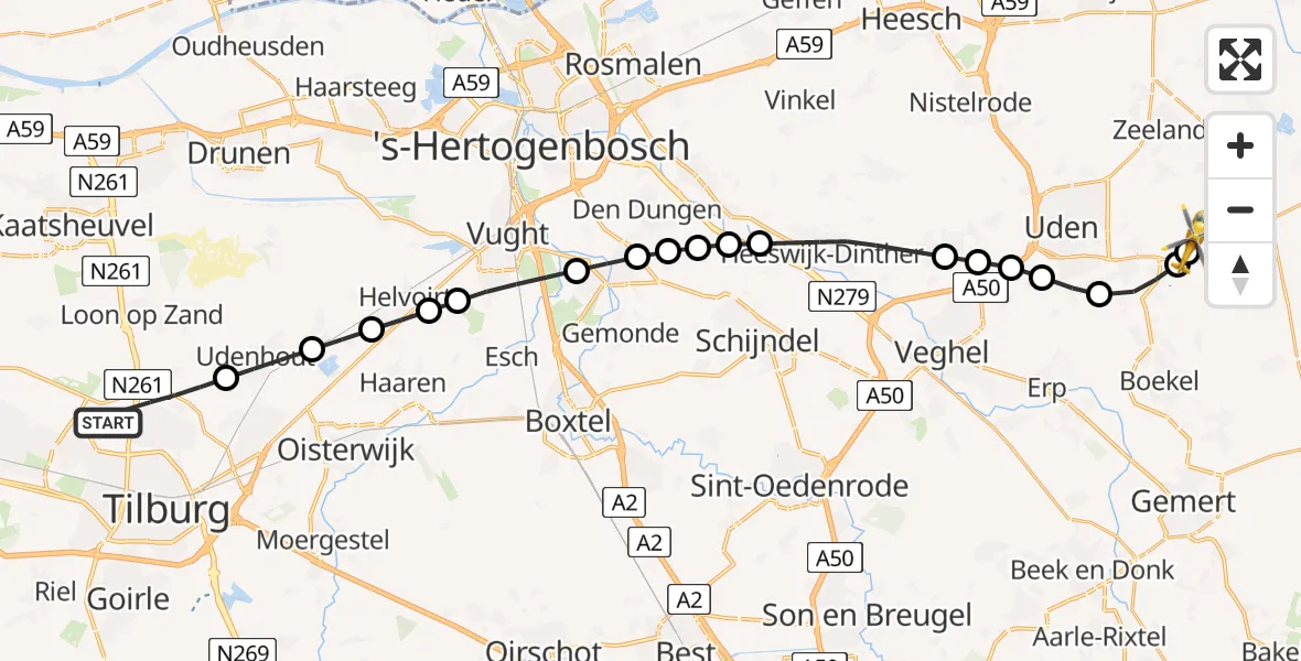 Vluchtroute Traumahelikopter van Tilburg naar Vliegbasis Volkel