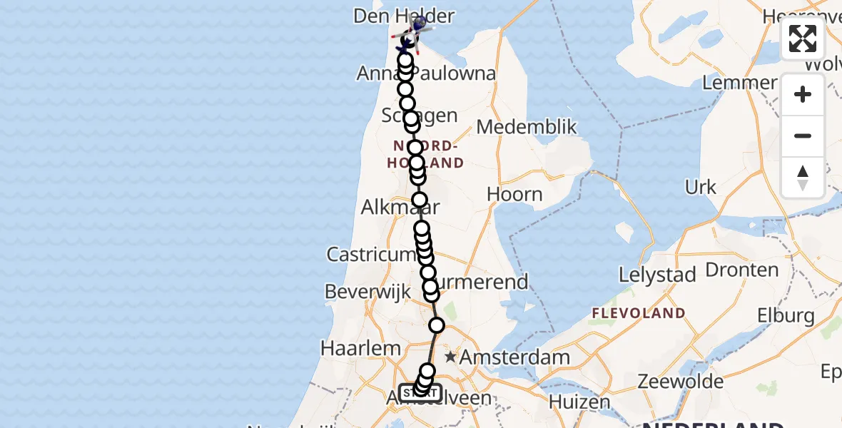 Vluchtroute Politiehelikopter van Amsterdam Vliegveld Schiphol naar Militair vliegveld De Kooy / Den Helder Airport