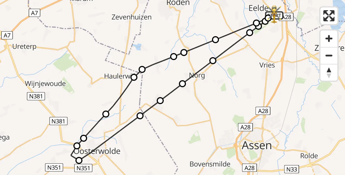 Vluchtroute Traumahelikopter van Groningen Airport Eelde naar Groningen Airport Eelde