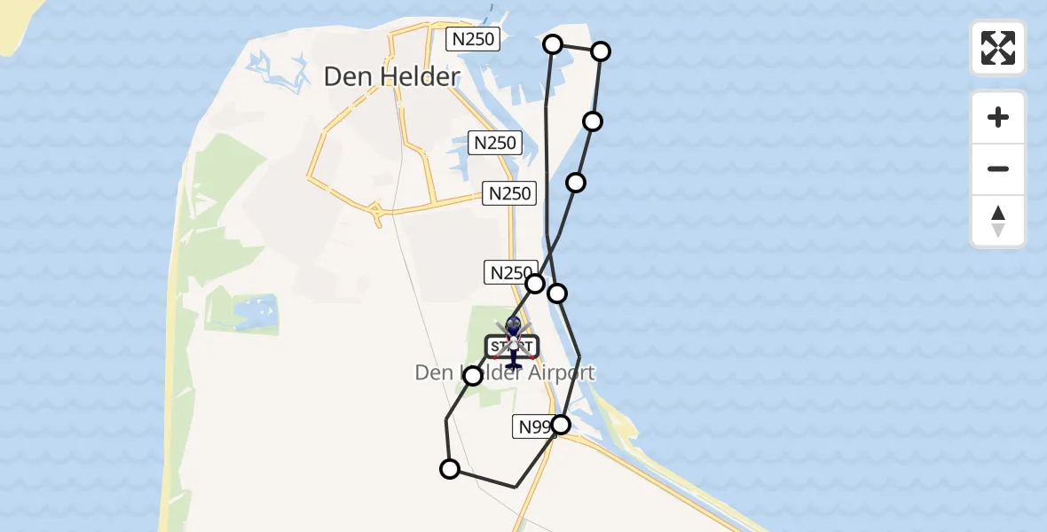Vluchtroute Politiehelikopter van Militair vliegveld De Kooy / Den Helder Airport naar Militair vliegveld De Kooy / Den Helder Airport
