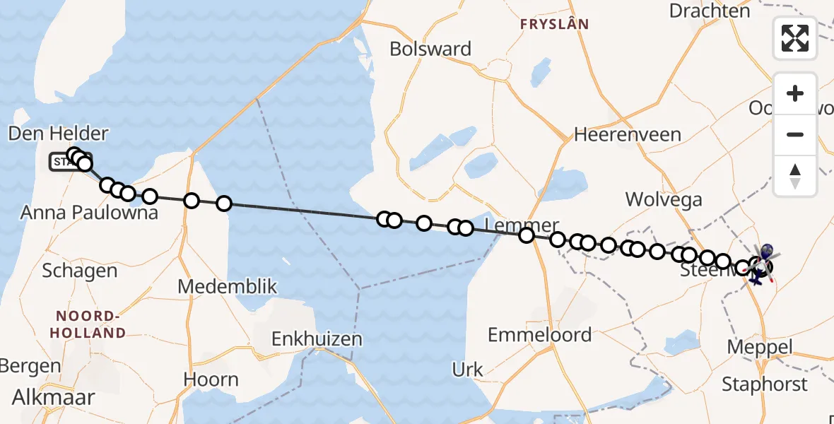 Vluchtroute Politiehelikopter van Militair vliegveld De Kooy / Den Helder Airport naar Johannes Post Kazerne Helipad