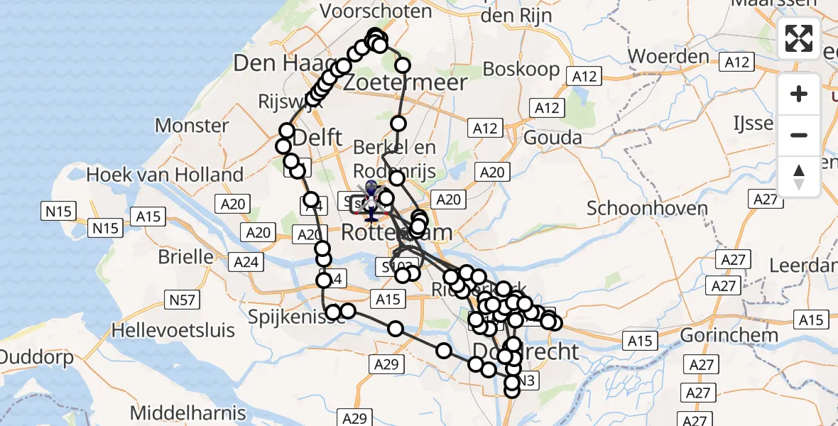 Vluchtroute Politiehelikopter van Rotterdam The Hague Airport naar Rotterdam The Hague Airport