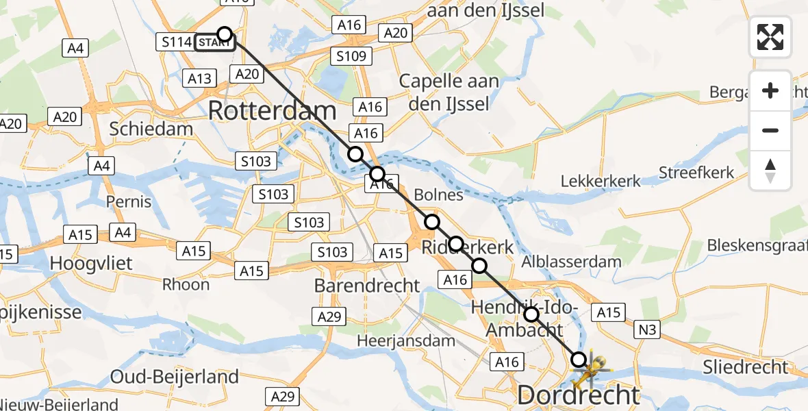 Vluchtroute Traumahelikopter van Rotterdam The Hague Airport naar Papendrecht