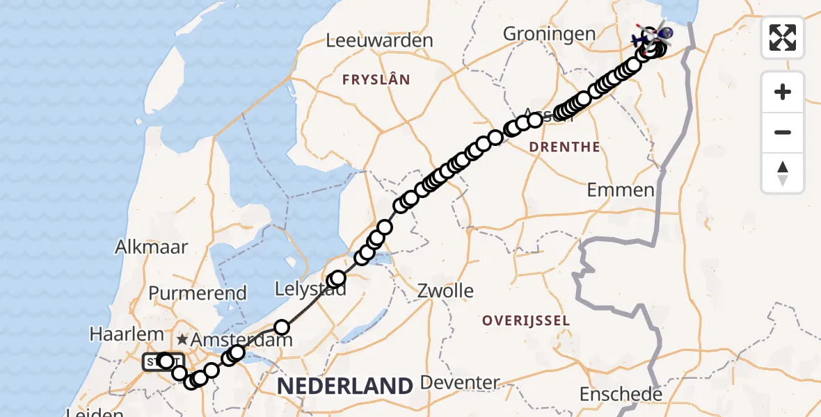 Vluchtroute Politiehelikopter van Amsterdam Vliegveld Schiphol naar Oostwold