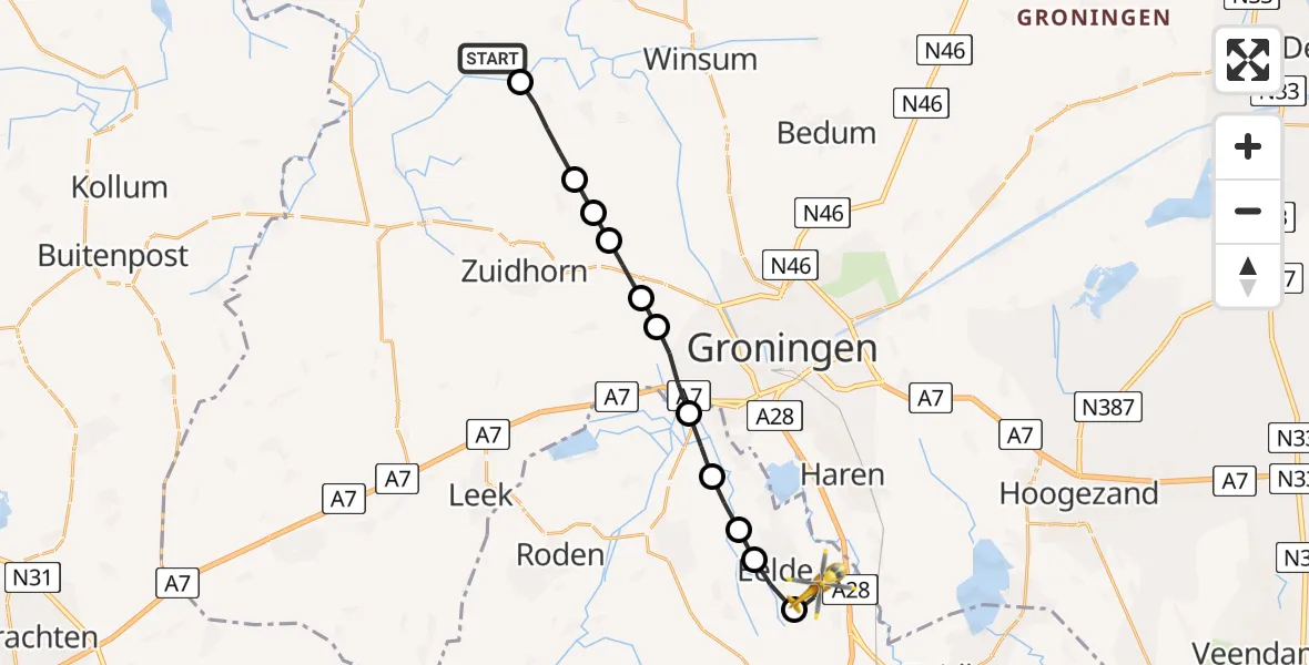Vluchtroute Traumahelikopter van Zuurdijk naar Groningen Airport Eelde