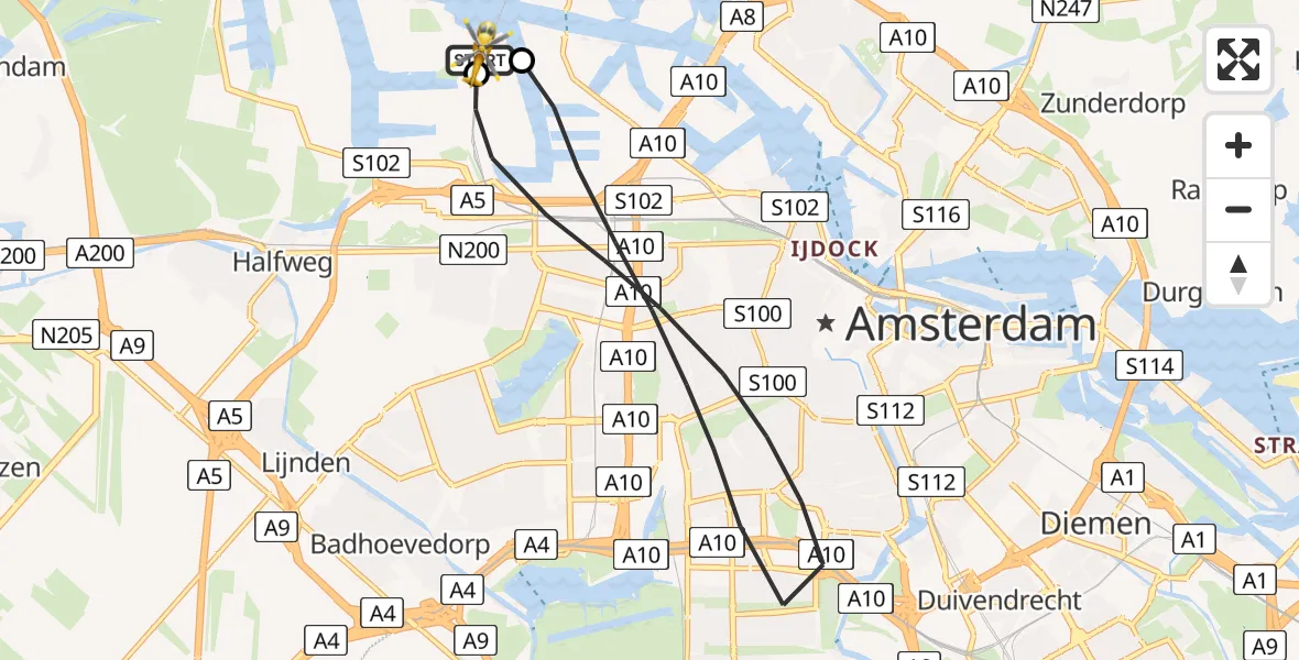Vluchtroute Traumahelikopter van Amsterdam Heliport naar Amsterdam Heliport