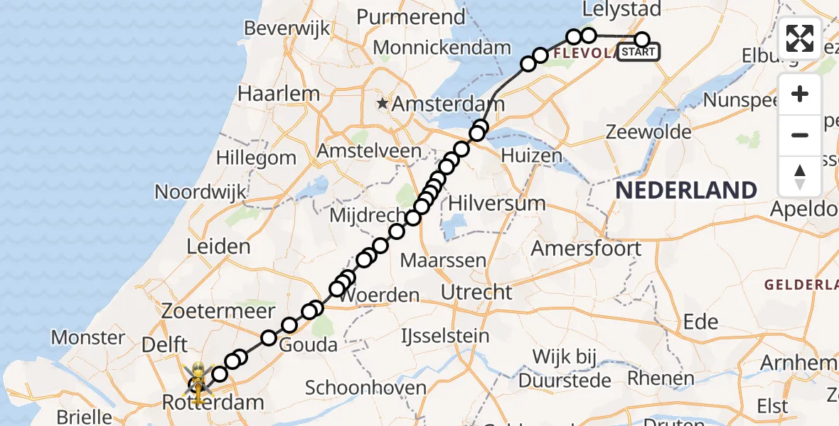 Vluchtroute Traumahelikopter van Lelystad Airport naar Rotterdam The Hague Airport