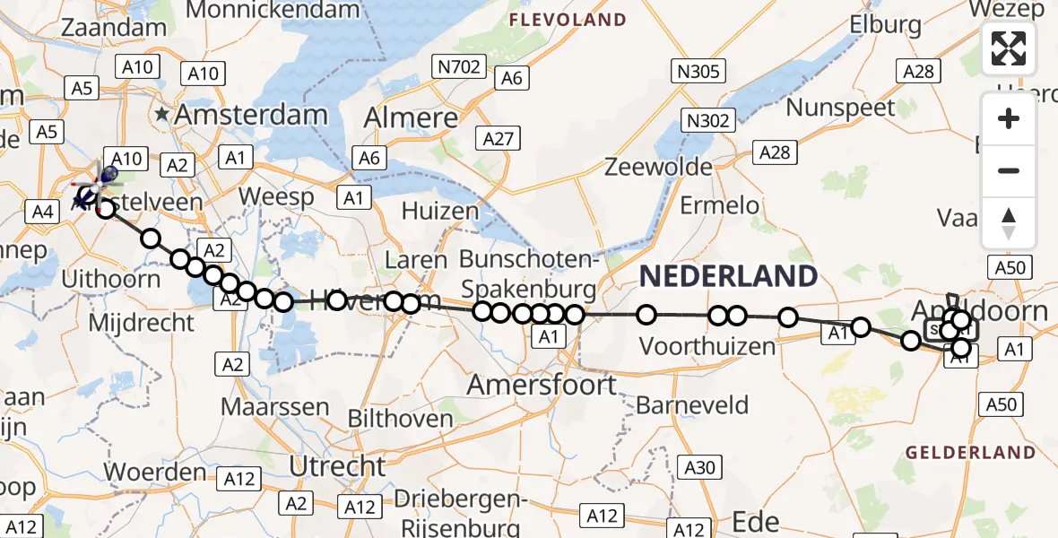 Vluchtroute Politiehelikopter van Willem III Kazerne Helipad naar Amsterdam Vliegveld Schiphol