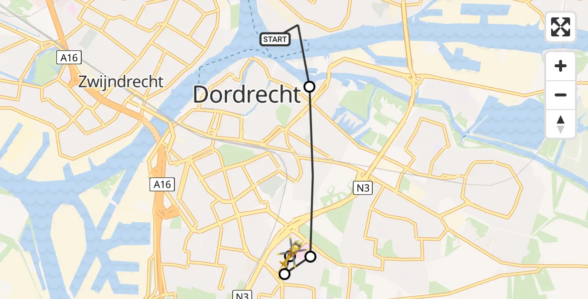 Vluchtroute Traumahelikopter van Papendrecht naar Albert Schweitzer Hospital Dordrecht Heliport