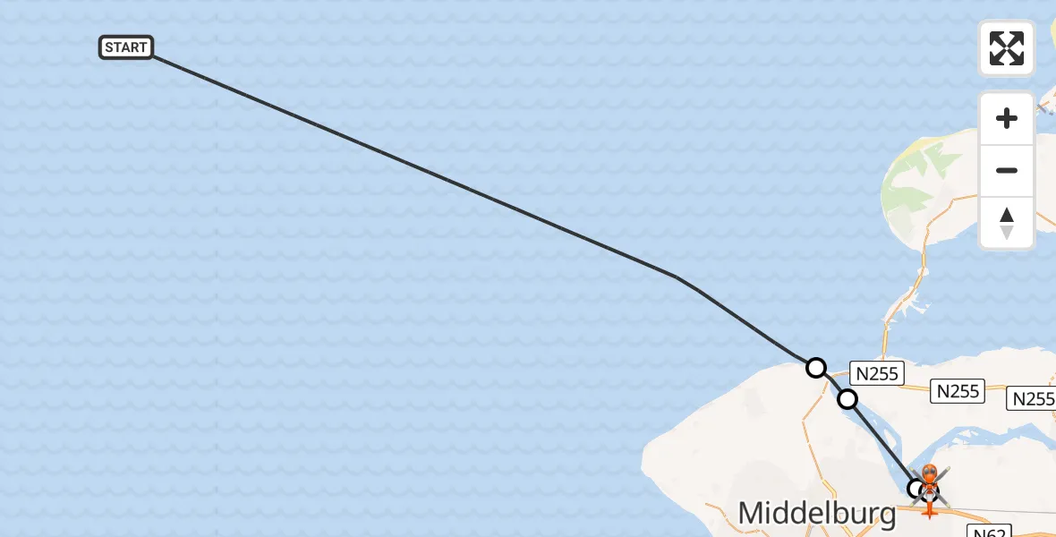 Vluchtroute Kustwachthelikopter van Noordzee naar Vliegveld Midden-Zeeland