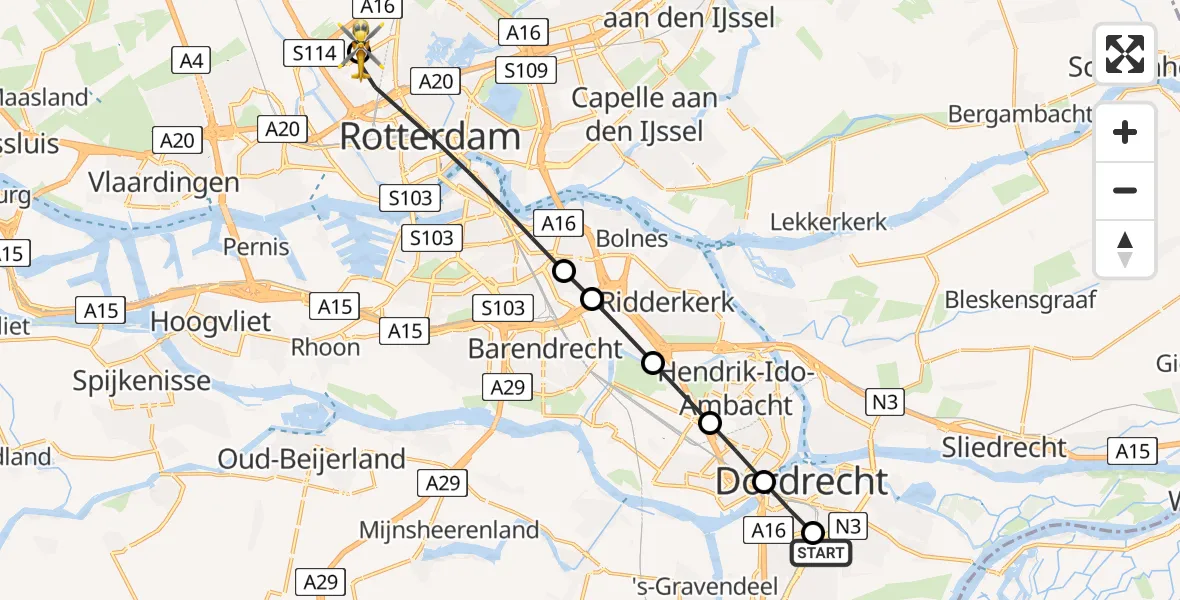 Vluchtroute Traumahelikopter van Albert Schweitzer Hospital Dordrecht Heliport naar Rotterdam The Hague Airport