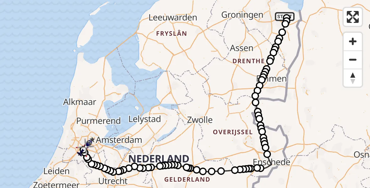 Vluchtroute Politiehelikopter van Oostwold Airport naar Amsterdam Vliegveld Schiphol