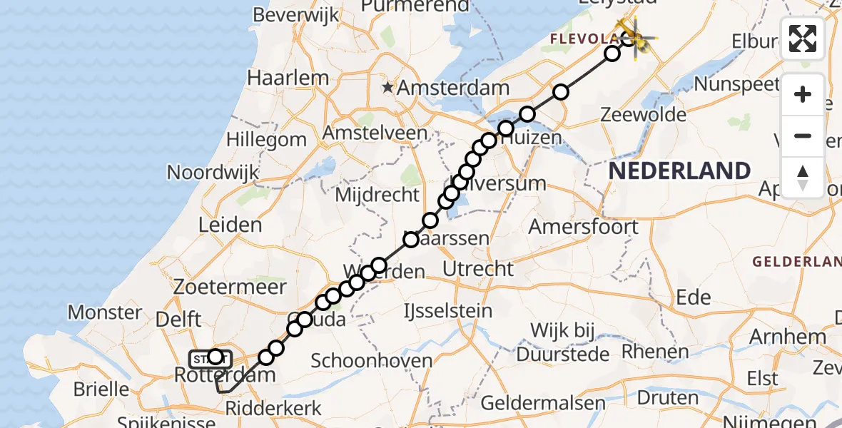 Vluchtroute Traumahelikopter van Rotterdam The Hague Airport naar Lelystad Airport