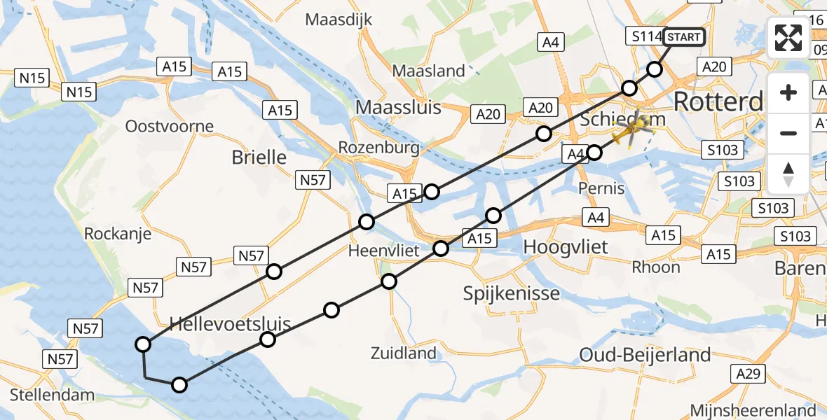 Vluchtroute Traumahelikopter van Rotterdam The Hague Airport naar Schiedam