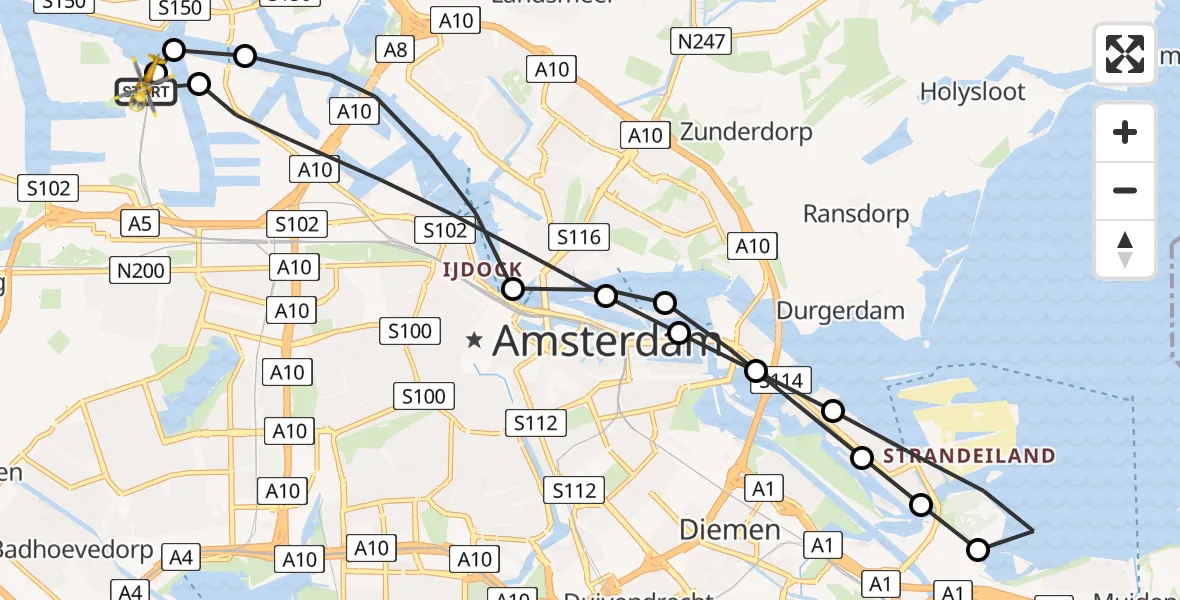 Vluchtroute Traumahelikopter van Amsterdam Heliport naar Amsterdam Heliport