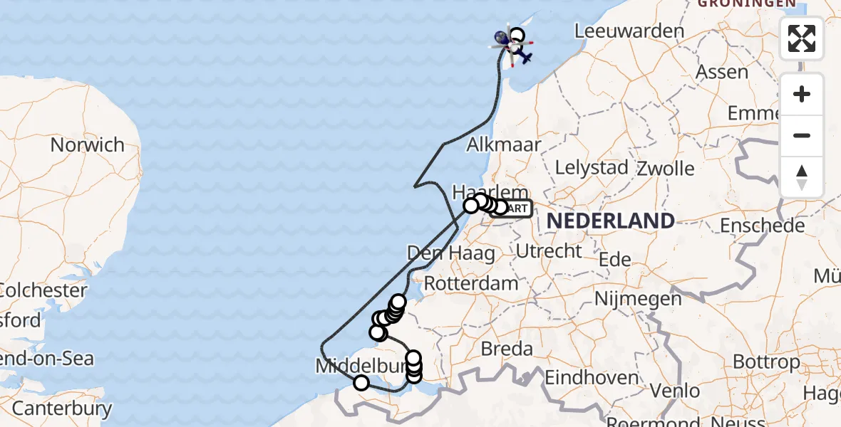 Vluchtroute Politiehelikopter van Amsterdam Vliegveld Schiphol naar Noordzee